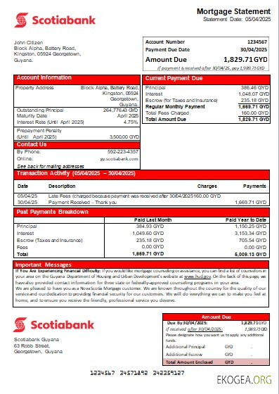 Relevé hypothécaire bancaire de la Guyana Bank of Nova Scotia scr